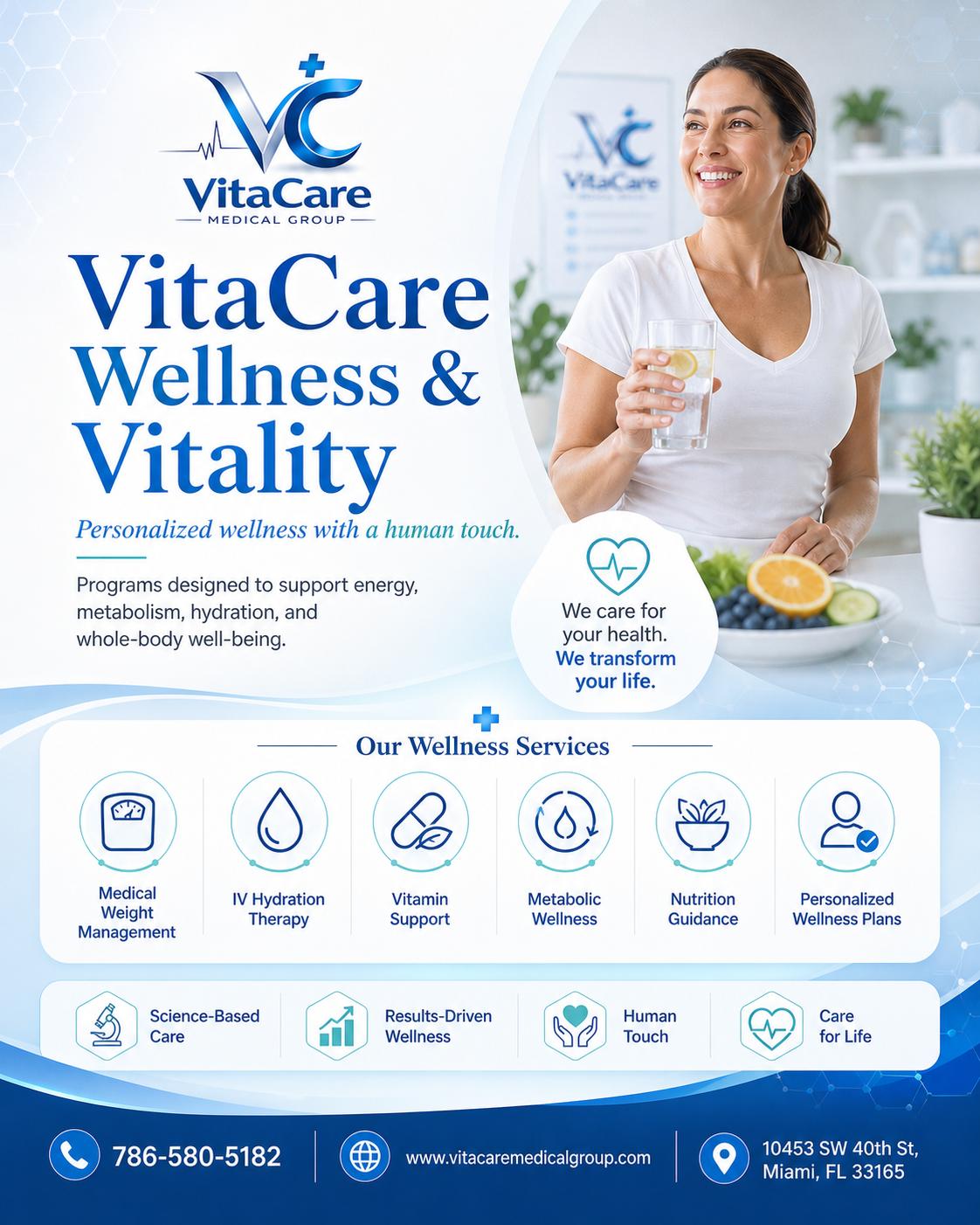 VitaCare Wellness and Vitality programs, including medical weight management, IV hydration therapy, vitamin support, metabolic wellness, nutrition guidance, and personalized wellness plans